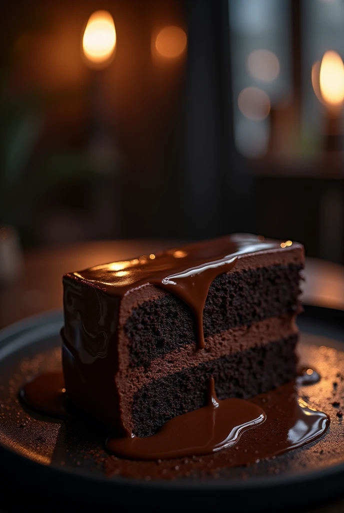 Chocolate cinematic movie scene, bolo de chocolate, darkness background, quality photo, Wet texture, penthouse, studio photo, slice. shallow depth of field, vignettes, highly detailed, high budget, bokeh, cinemascope, temperamental, epic, comely, film grain, grainy.
