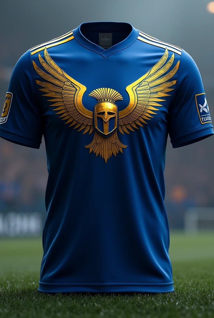Create a soccer team jersey with blue, golden and black with Athena's warrior helmet as a symbol 