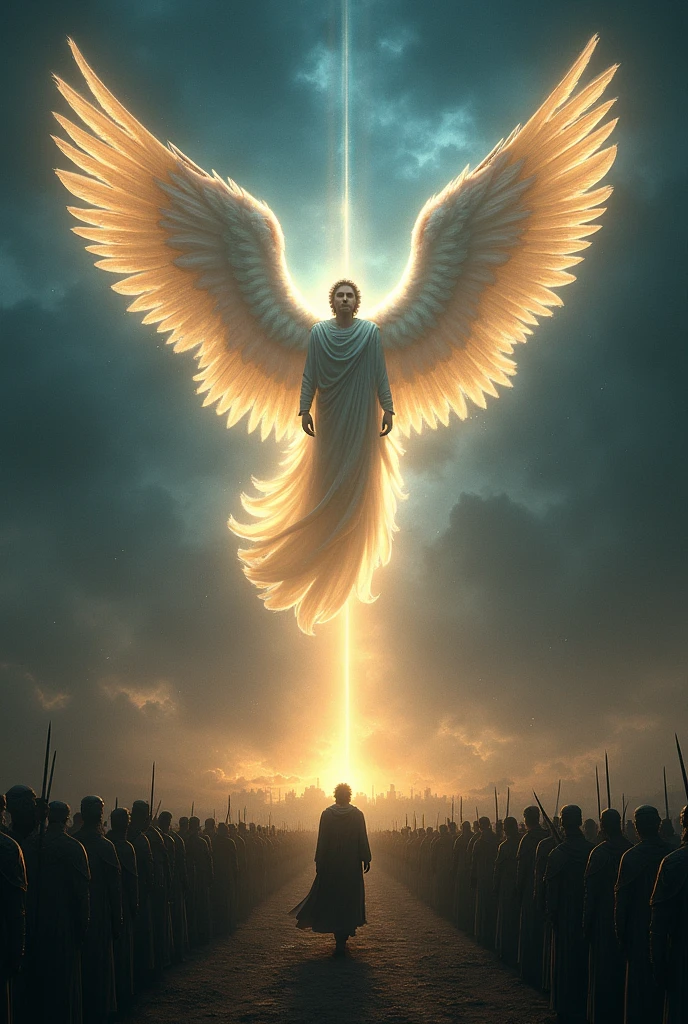 Imagine a radiant angel, surrounded by an aura of intense light, positioned in the night sky above a camp of 185,000 Assyrian soldiers. The contrast between the angel's celestial light and the darkness of night creates a dramatic and imposing scene. The angel should be represented with a majestic and powerful appearance, with shining wings and an imposing presence. The light emanating from him should illuminate part of the camp, creating dramatic shadows and highlighting the contrast between the divinity and the humanity of the soldiers below." Make the male angel with large wings
