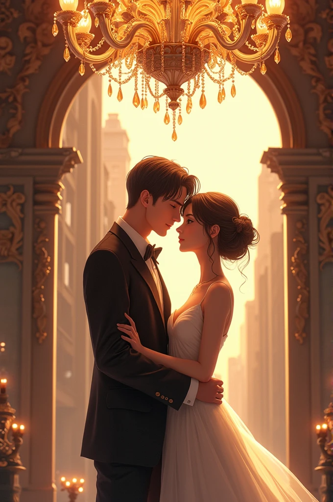 a man and woman standing next to each other in front of a chandelier, realistic anime art style, romance book cover, cg art, romance novel cover, steven jung, artwork in style of sheng lam, romance book cover style, realistic. cheng yi, urban fantasy romance book cover, lovely couple, realistic art style, edmund blair and charlie bowater, an elegant couple, realistic anime artstyle, semirealistic anime style, wlop and sakimichan, gorgeous digital art, beautiful gorgeous digital art, gorgeous digital painting, artgerm and patrick demarchelier