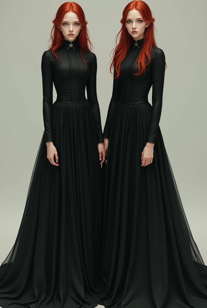 22-year-old red-haired, green-eyed twins in long black full-body dresses, serious