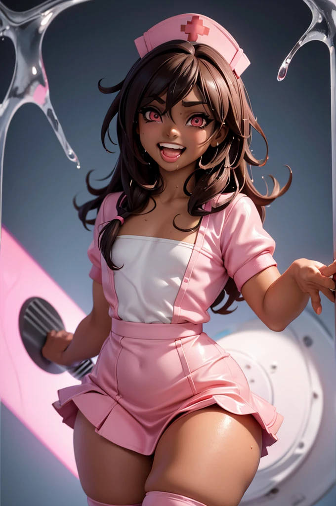 DS Character,Woman, styled, 3d,with straight brown hair , blue colored eyes, clothes in bank colors, cerulean, with the initials DS on clothing initials DS on adult clothing, role model, styled descolada, DS ,Woman 18 anos,realistic human model , showing the tongue , drinking condensed milk spilling on face in hair, oozing, dripping down
