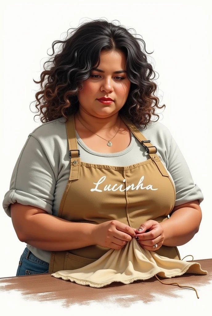Drawing of a chubby Brazilian woman with curly hair straightened in black and brown, sewing with a white background and an apron with the name Lucinha