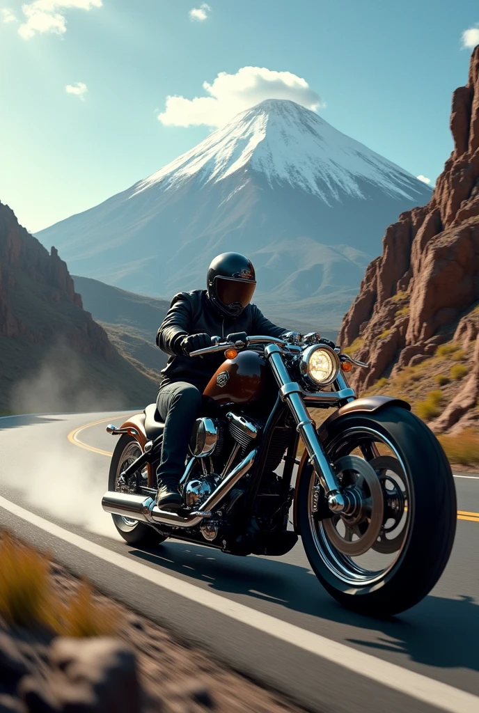 Motorcycle with the Popocatépetl volcano in the background