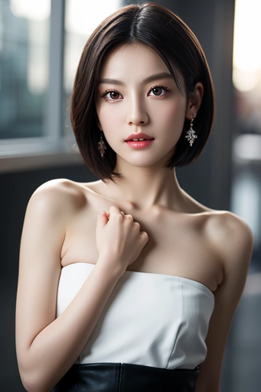 1 person, (Armpits are fully visible:1.4)、(Standing facing the camera:1.5)、(Wear a strapless camisole:1.6),(small, Flat Chest:1.7)、 (Looking into the camera:1.5)、Beautiful Japanese actresses, 
Photogenic, Yukihime, Long eyelashes, Snowflake Earrings,
(RAW Photos, Highest quality), (reality, reality的:1.4), (flying debris), 
Beautiful details, Beautiful lip detail, Highly detailed eyes and face, 
BREAK is perfect ???????, The whole body is thin, small breasts, (short hair:1.3), Angel&#39;smile, 
Crystal Skin, Wake up, Capture the light