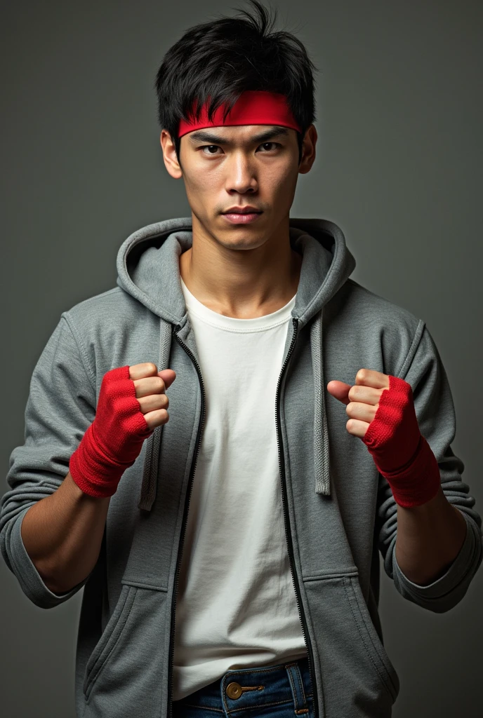 A fighter of Japanese American descent named Jason Carter. He has a fair complexion , Brown eyes, short black hair, He wears a red ribbon on his forehead, a grey hoodie and a white t-shirt, He wears dark blue jeans and sneakers, as well as red bandages on his knuckles.