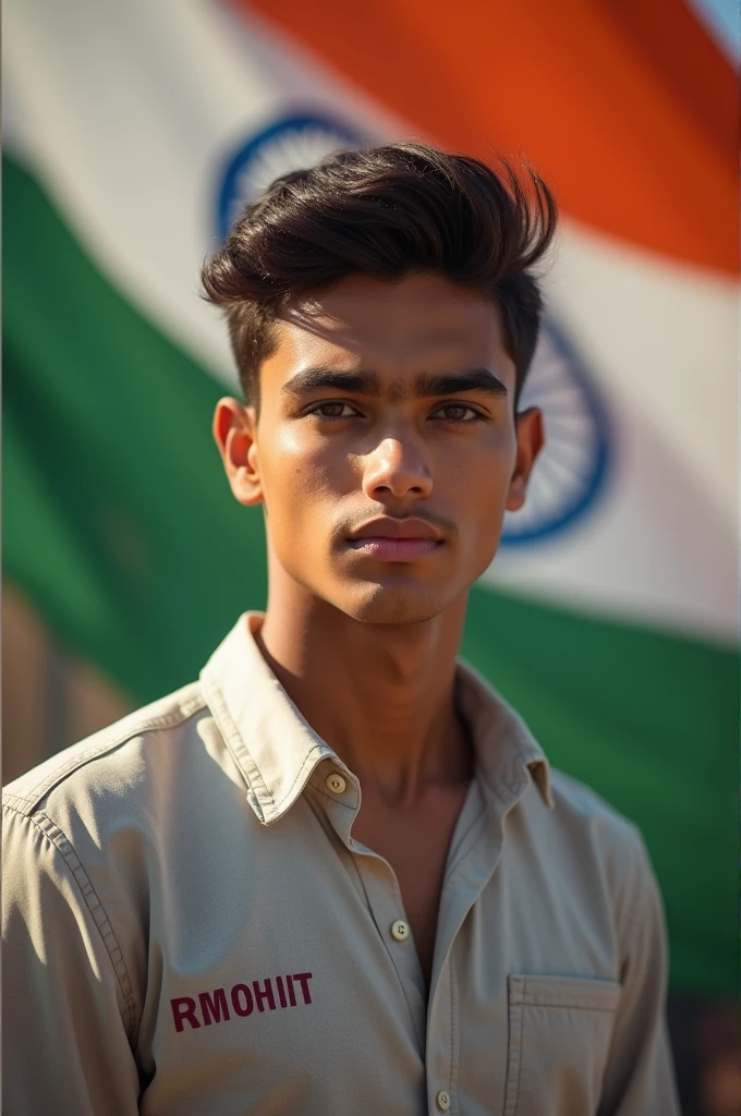 The most beautiful is a 20 year old boy whose shirt has RR Mohit written on it and the Indian flag is flying in the background.