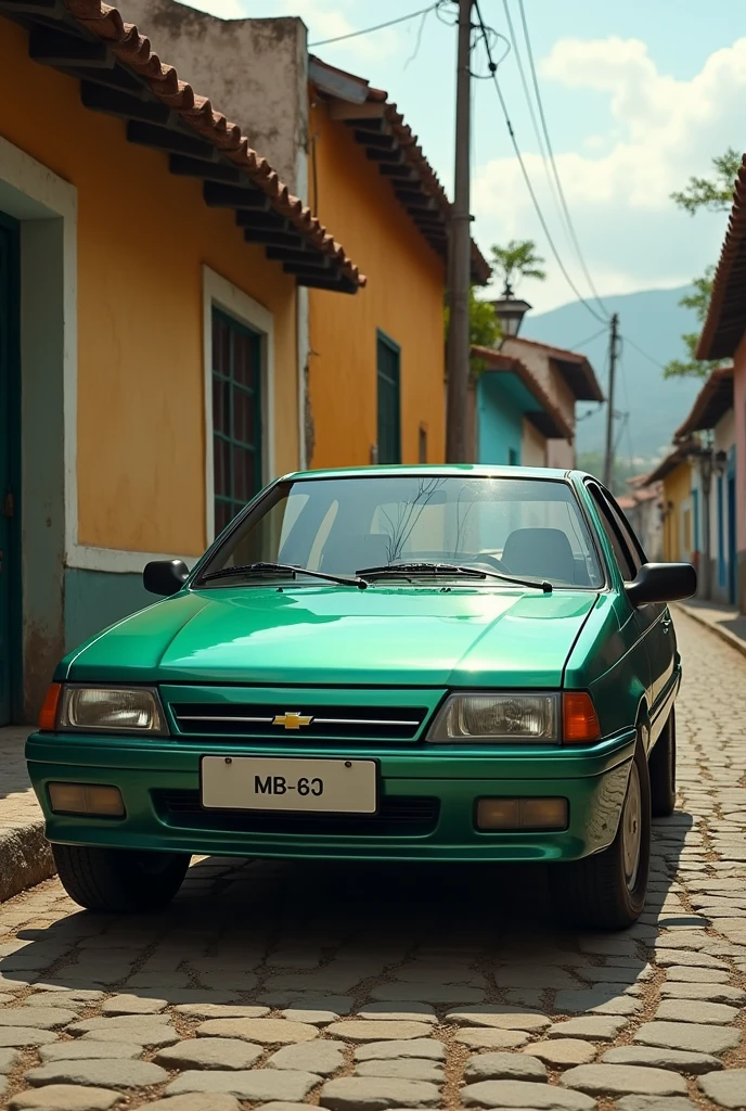 Carro Chevette dill 1993/93 metallic green with Chevrolet logo , parked on a cobblestone street, across from old houses in Maceió.