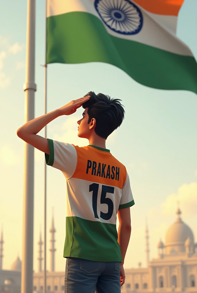A 20 years old boy salutes the national flag of bharat and he is wearing a shirt print is like bharat flag and "Prakash" and 15 number and independence day in small is written on it's back in big and bold fonts, 3d illustration
