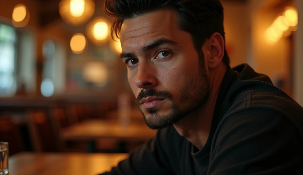 Create a professional real photo of a man in a restaurant with warm, soft lighting in the style of a golden sunset. He should have short dark hair, neatly combed, and a sparse beard evenly distributed across his face, with a serious, thoughtful expression. The focus should be on his face and eyes, which are slightly off-center and aligned with the top third of the image. The light should enter from the side, creating a soft contrast between light and shadow, highlighting the angular features of the face and adding depth with subtle shadows. The background should be blurred, creating a soft bokeh with indistinct details that suggest the presence of tables and chairs. The color palette should be dominated by warm tones of gold, orange and brown, with an emphasis on a warm, introspective atmosphere. Depth of field should be shallow, isolating the subject from the background, and sharpness should be maximum in the face and eyes, while the rest of the image is blurred. The composition should follow the rule of thirds, with the camera positioned slightly below the man's eye line to create a slight sense of elevation. The image should be of high resolution and professional photographic quality, with attention to detail and realism.