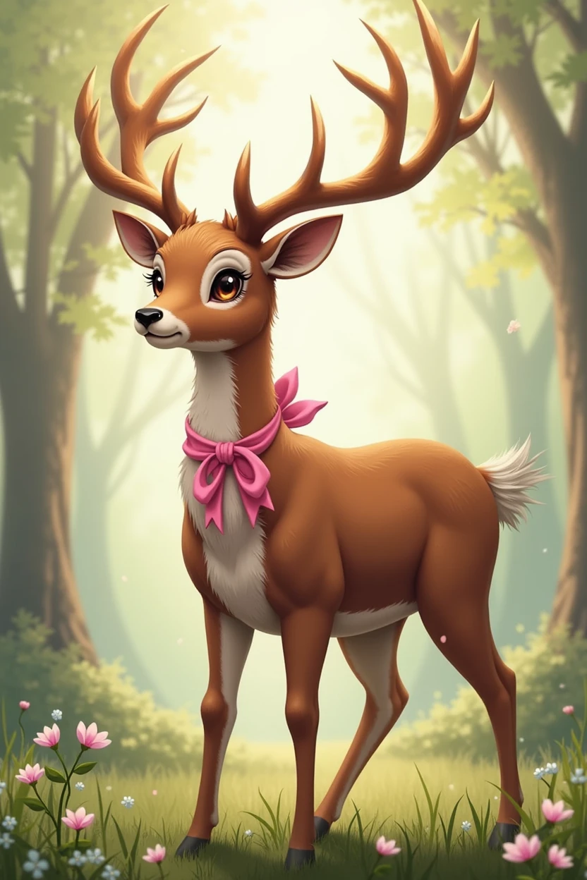 a large ((brown)) deer with ((bright brown eyes)) with one ribbon bow ((pink)) around her neck