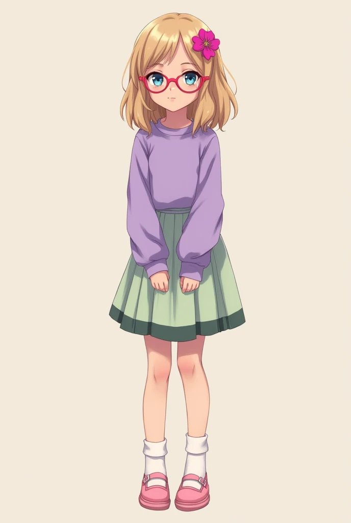 Create a 16-year-old girl with fair skin, freckles on her cheeks and nose, gentle, clear blue eyes, half-circular glasses of a bright red color, light hazelnut hair, medium wavy and short to the shoulders, a fringe that is slightly above the light blue eyes , She wears a purple shirt that covers half of her shoulders and a pastel green skirt with dark green details., She wears pastel pink shoes and white socks that cover her ankles., her accessory is a bright fuchsia flower hair clip, her personality is that of someone very kind and shy,