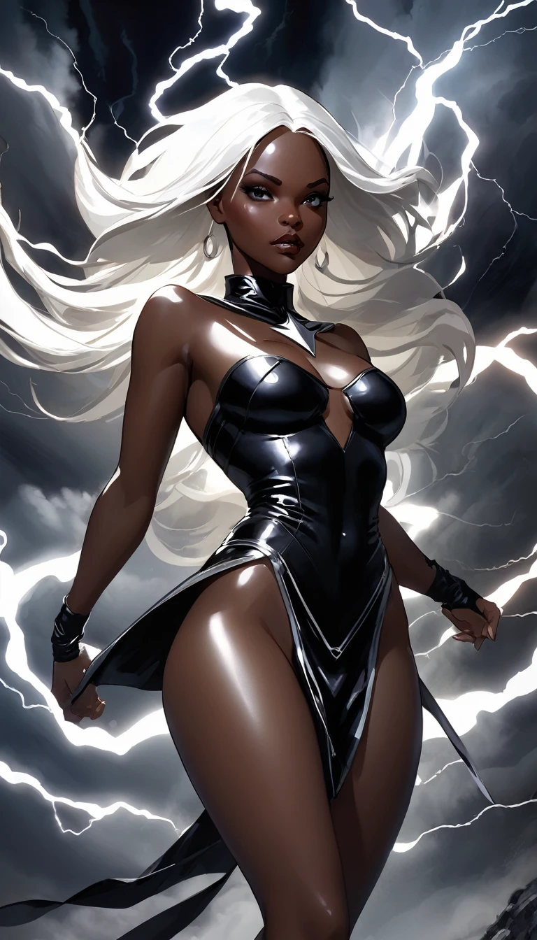 Storm character, girl black skin, long white hair, very sexy black leather superheroine dress, flies, rays, lightning, dark clouds,eroticism, sexy, black and white image, between shadows, oil painting, chiaroscuro, sensual, dramatic lighting, moody atmosphere, photorealistic, intricate details, masterpiece, ultra-detailed, high quality, 8k, best quality, realistic, cinematic, dark and brooding, expressionistic, powerful composition, emotional impact,{{{,nsfw,speech bubble,sexy nude, {{{,{pussy,spread her pussy,cum,cum on pussy,masterbation,straddling,y}}},cute,ultra detailed skin,sketch}}}, ,}}}, art inspired by Bill Sienkiewicz and Dave McKean