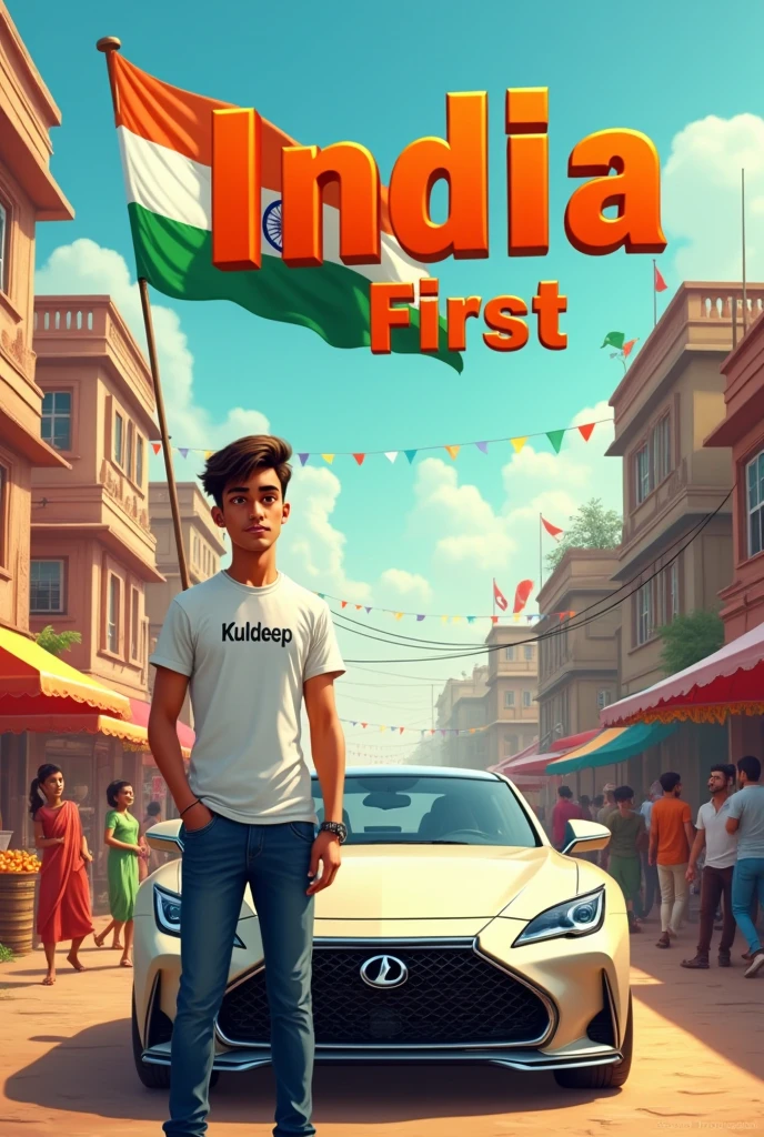 Illustration of an 18-year-old Indian with name Krish on his tshirt boy standing next to a luxury car, holding the Indian flag high. The background features a colorful Indian street filled with children running with flags, vendors selling sweets, and a group of men chatting at a tea shop. The boy is wearing jeans and a white t-shirt with ‘Kuldeep’ on it, and the text ‘India First’ is written in 3D at the top