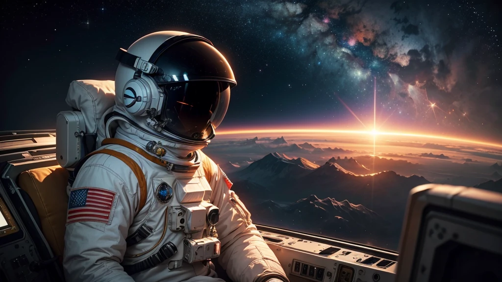 In the vast expanse of interstellar space, a solitary astronaut sits on the moon, gazing at Earth in the distance while wearing headphones. The astronaut's suit glimmers in the light, reflecting the cosmic landscape around them. This scene is captured in a stunning painting that highlights the astronaut's vivid details and the mesmerizing backdrop of space. Every intricate feature, from the astronaut's reflective visor to the distant Earth, is rendered with meticulous precision, evoking a sense of wonder and solitude in the viewer.