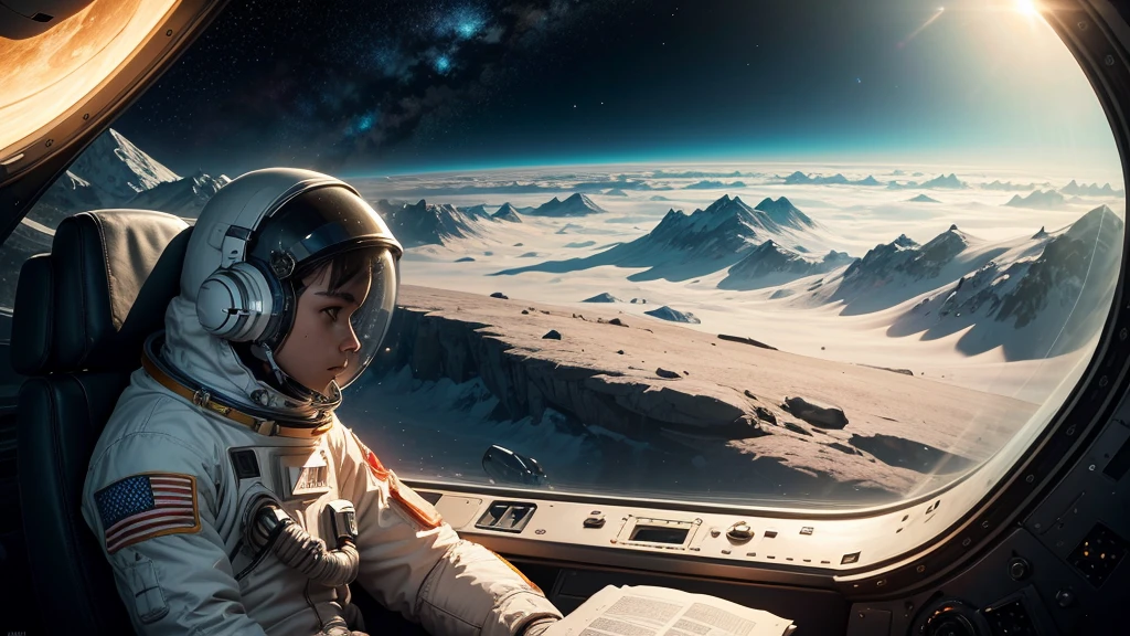 In the vast expanse of interstellar space, a solitary astronaut sits on the moon, gazing at Earth in the distance while wearing headphones. The astronaut's suit glimmers in the light, reflecting the cosmic landscape around them. This scene is captured in a stunning painting that highlights the astronaut's vivid details and the mesmerizing backdrop of space. Every intricate feature, from the astronaut's reflective visor to the distant Earth, is rendered with meticulous precision, evoking a sense of wonder and solitude in the viewer.