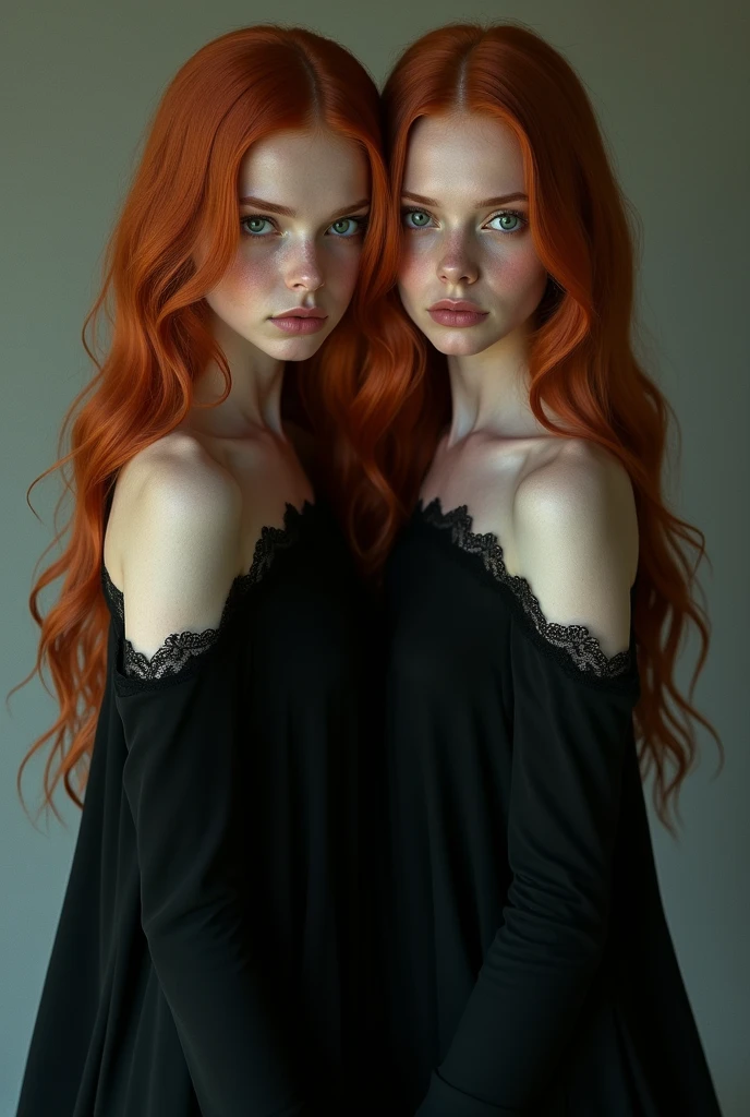 22-year-old red-haired, green-eyed twins in long black full-body dresses, serious