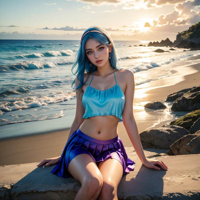 (masterpiece, best quality:1.5), highest quality, High resolution, super detailed, Realists, Full body photo of a 22 year old woman with blue hair, detailed and beautiful eyes, beautiful detailed lips, very detailed eyes and face, longeyelashes, 22 year old woman in a chiffon top, Beautiful and colorful makeup, elegant and noble々Pose,shiny satin headband,, Beach and sea as background, bright daylight, bright colors, fine brushstrokes, Portrait style, beautiful color palette, glowing skin, First-class rendering, that captures every detail, enchanting atmosphere, (perfect anatomy:1.2), (The breathtaking woman is wearing a satin tank top and a short pleated skirt with long stockings. (magnificent panorama view:1.2)