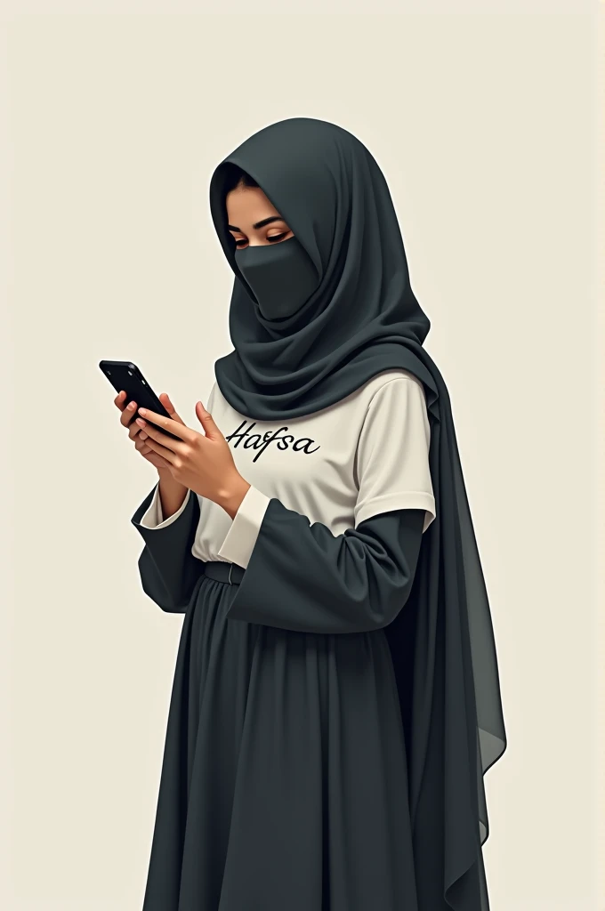 A girl wearing a burqa and holding an iPhone in her hand and writing (Hafsa) on her shirt.