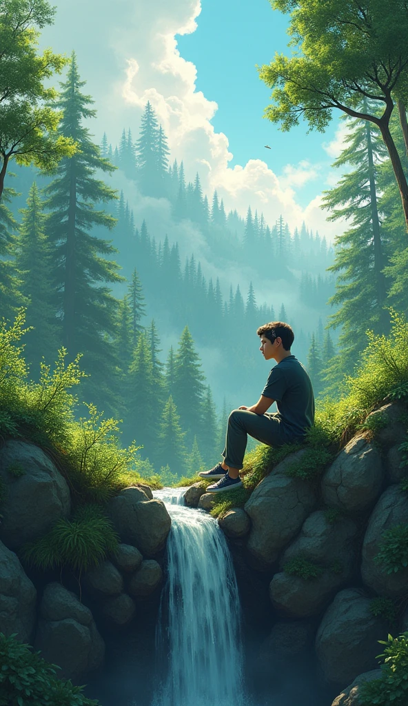 "A young man is sit alone on a hill, surrounded by trees. In front of him, there's a waterfall. The boy is wearing headphones."