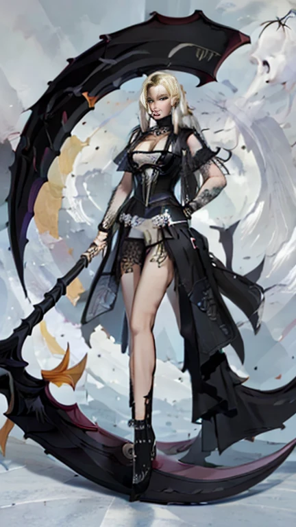 (masterpiece,ultra-detailed,best quality:1.5) (scythe, holding_scythe:1.4),(crescent moon scythe,Round-shaped blades:1.2),down,black dress,full body,darkness, (Iggy Azalea, cleavage), 