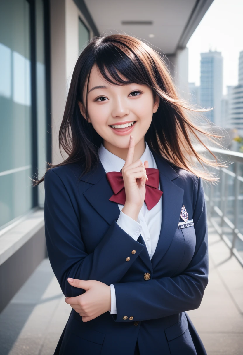 8k, raw photo, best quality, masterpiece, realistic, photo realistic, clear, professional lighting, beautiful face, best quality,ultra high res, realistic japanese beautiful, Super detailed, detailed fingers, solo,  1girl,  swept bangs, floating hair, detailed hair, medium breasts, curvy, scenery,  school uniform, city, sleeves past fingers, laugh