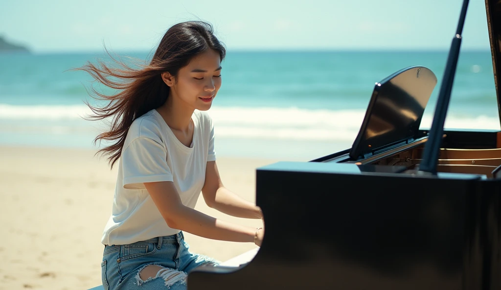 Stunning Young asian girl, , wearing tshirt and ripped jeans, playing a piano at the beach, inspired by Li Di, a portrait by Wayne England, trending on cg society, looking to camera, arabesque, energetic jazz piano portrait, pianist, gorgeous woman, ashteroth, promo image, advertising photo, promotional image