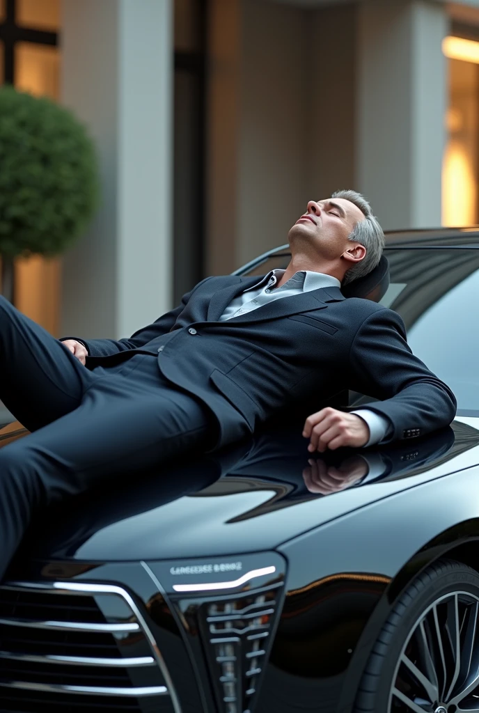 Create an image of a man laying on top of a benz S class car