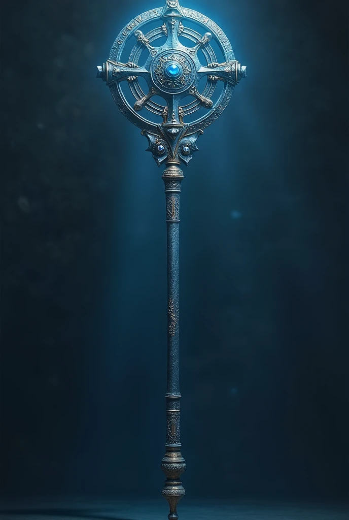 Long magic staff with a compass theme, more medieval style with a slight blue tone.