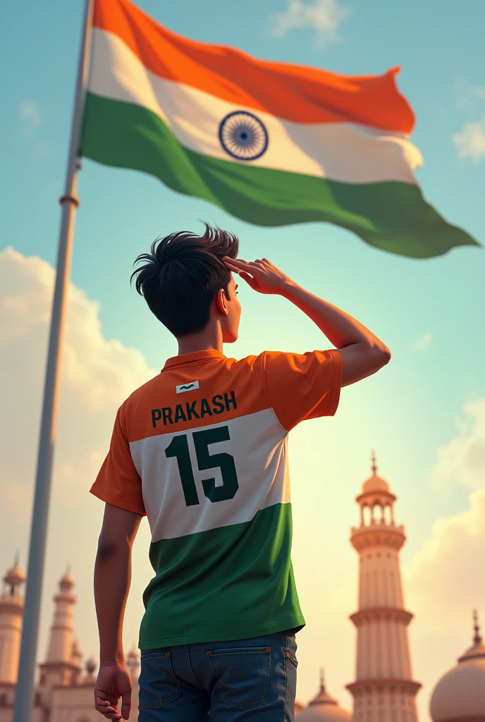 A 20 years old boy salutes the national flag of bharat and he is wearing a shirt print is like bharat flag and "Prakash" and 15 number and independence day in small is written on it's back in big and bold fonts, 3d illustration