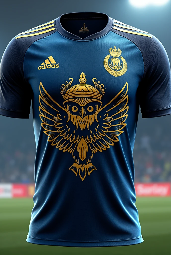 Create a soccer team jersey with blue, golden and black with an owl wearing a hat of the Greek goddess Athena as a symbol