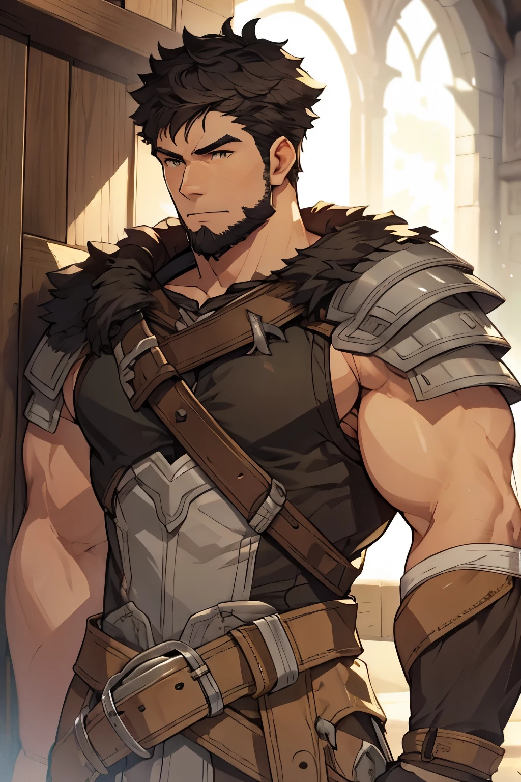 Masterpiece, Best Quality, Ultra-Detailed, 1man, male, manly male, alpha male, old mature muscular male, black hair, very short hair, black beard, green eyes, bright eyes, very beautiful and detailed eyes, very detailed eyes, 36 years old, bara, muscular male, tall, large shoulders, large chest, huge arms, (large waist:1.0), ((thick neck:1.0)) athlete, bare biceps, large waist, medieval armor, light armor, black armor, Mystical armor, (sleeveless armor:1.0), Golden details on the armor, gray details on the armor, elsword style armor, granblue fantasy style armor, black cloak, cloak over the shoulders, ((arms exposed:1.0)), Neutral face, cowboy shot, high resolution:1.2, best quality, master part, daylight, Reflection of lens, upper body shot, looking front.