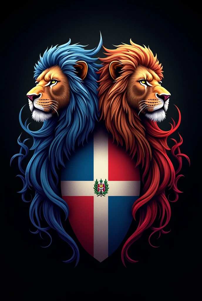 Barbershop logo with Dominican Republic flag and lions on black background and realistic braudy flow design