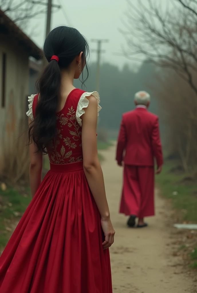 A young peasant woman in a red dress stands in grief. She looks at a man who is walking away with his back turned. The 70-year-old man in a red dress is a businessman.
