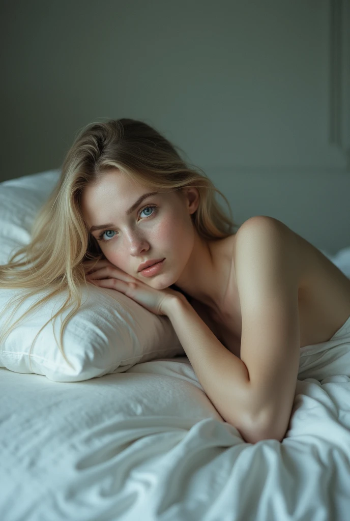 A blonde woman, blue colored eyes, thin lying on the bare bed