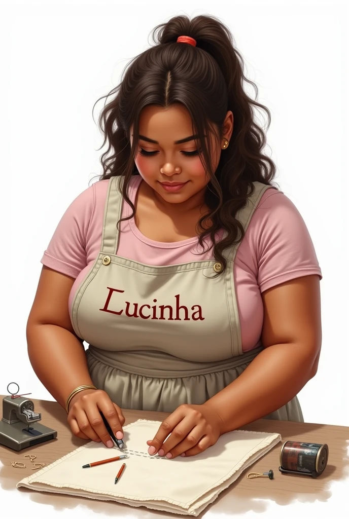 Drawing of a Brazilian woman, chubby, with frizzy hair straightened and tied back, black in color.
Skin color Brown
Sewing with white background and apron with the name Lucinha 

