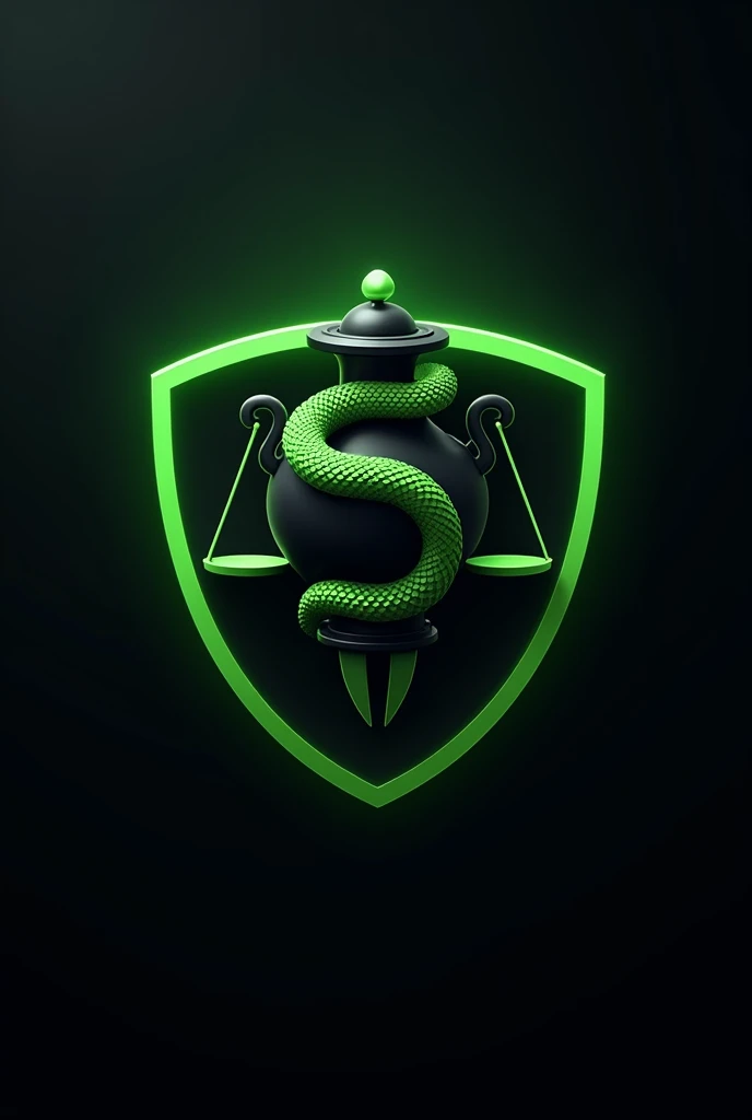 2D shield logo for a black and green team with a pot, cobra and a scale