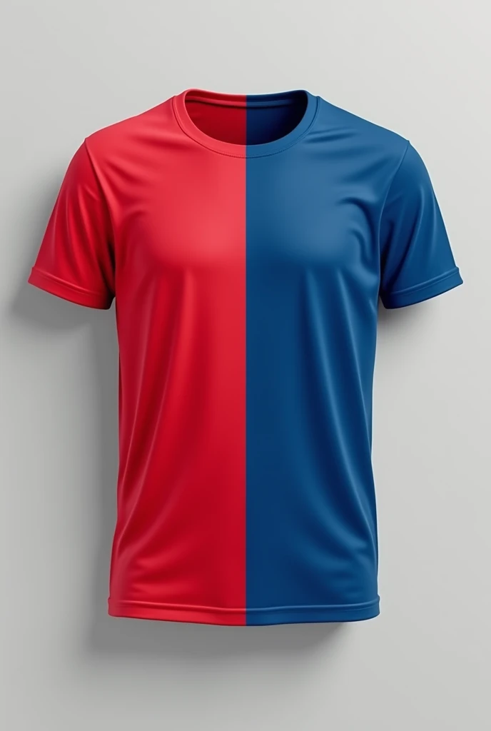 A t-shirt with one side red and the other blue, plain with no gradient., with division in the middle. front and back
