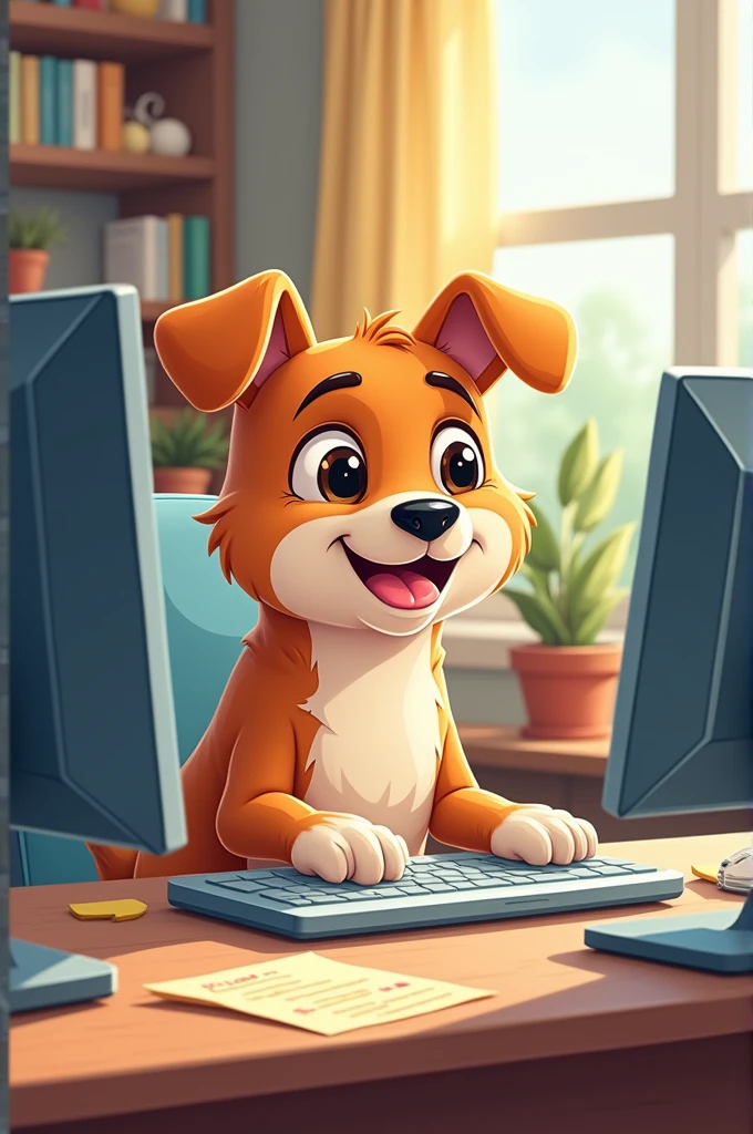A cartoon dog operating a computer