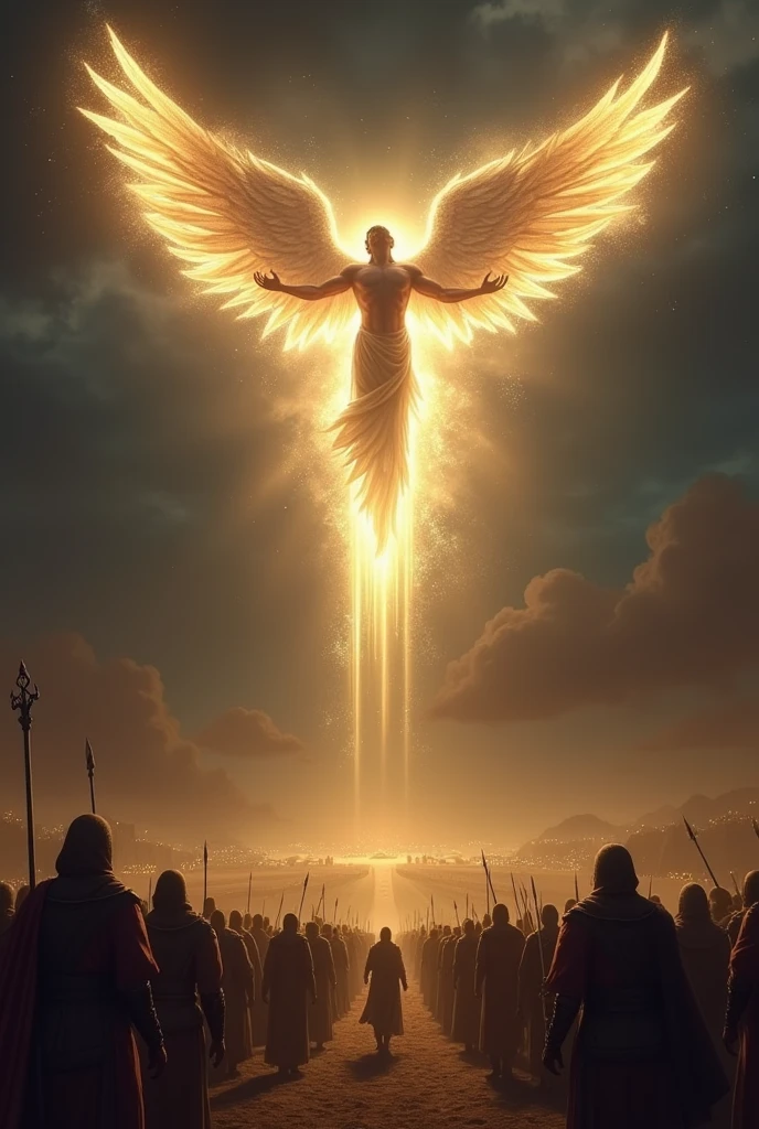 Imagine a radiant angel, surrounded by an aura of intense light, positioned in the night sky above a camp of 185,000 Assyrian soldiers. The contrast between the angel's celestial light and the darkness of night creates a dramatic and imposing scene. The angel should be represented with a majestic and powerful appearance, with shining wings and an imposing presence. The light emanating from him should illuminate part of the camp, creating dramatic shadows and highlighting the contrast between the divinity and the humanity of the soldiers below." Make the angel man with big wings far away in the sky and the many soldiers looking at him, and make his shine great
