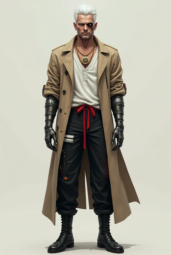 Create the image of a white-haired man with his left eye closed, a cut scar and the right one red, wearing a beige overcoat, wearing a gold chain necklace with a watch at the end and a basic white shirt, metal arms, black pants with a red ribbon on the waist and a white stripe on the left thigh and a black boot with orange details