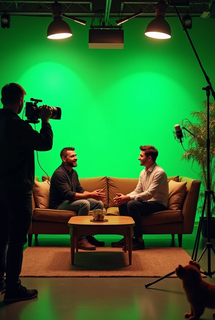 Podcasts studio with  green background,sofa, table, camera, microphone,led lights two person on the sofa ,a camera man , lightning setup 