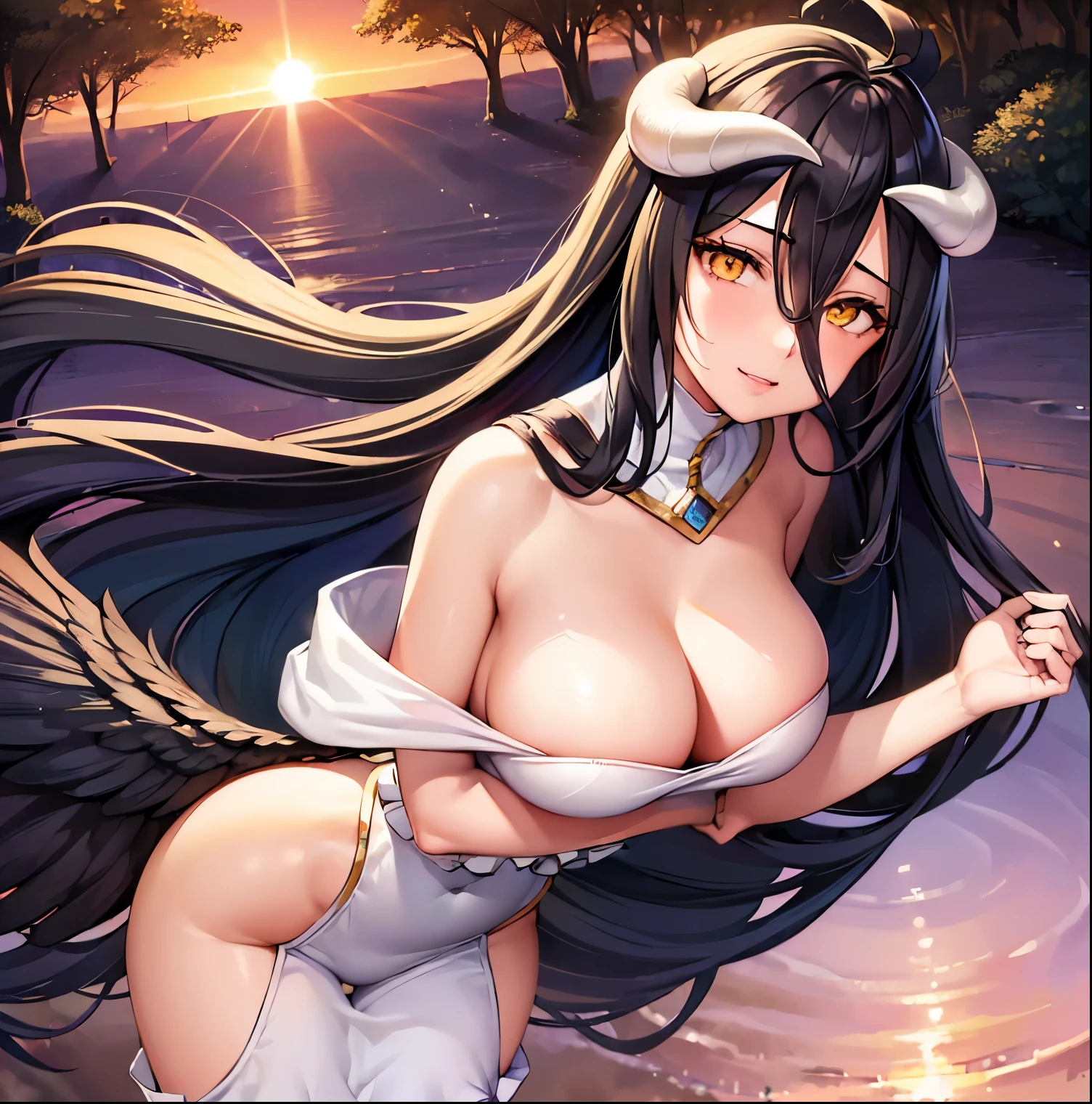 ((1girl)),((alone)),Albedo,(masterpiece), (best quality), (ultra detailed), (best illustration), (best shadow), (absurdities), sharp focus, cowboy shot, atmospheric perspective, depth of field, dynamic posture facing the viewer, large breasts, narrow waist, wide hips, wide thighs, round butt, erotic, romantic, (highly detailed eyes, lips 1.1), highly detailed eyes, eyes, highly detailed face , Very beautiful face, Symmetrical face, Aesthetic face, perfect face, perfect eyes, detailed eyelashes: 1.5), full height, beautiful slim figure, femininity, expressive appearance, elastic big breasts, sexuality, demon horns, white gloves, white dress , bare shoulders, loose neck, neckline, slit pupils, black wings, feathered wings, low wings, curves, defined body, Perfect and beautiful body, perfect and beautiful, closed mouth, smile, happy smile, blushing, (sexy pose: 1.2 ), ((solo)), standing: 1.4, ((natural landscape: 1.5, riverside: 1.5, light reflection: 1.5, trees: 1.5, temperate: 1.3, sunset: 1.4, clear sky: 1.4)), looking forward, ((focus on hips)), point of view: (from middle), perfect anatomy, perfect hands