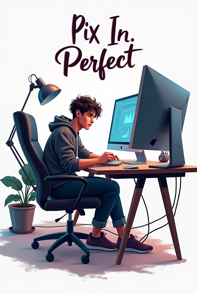 Drawing of a young man with computer using adobe photoshop and remove image background and a white background with her name on the Pix In Perfect