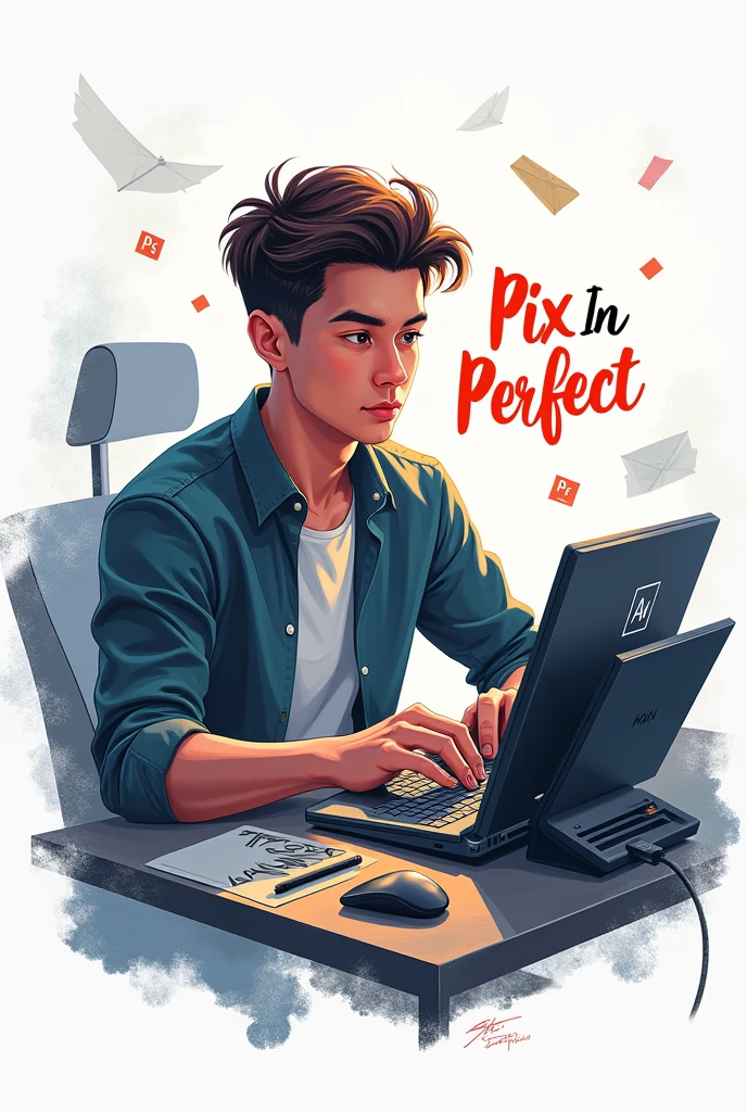 Drawing of a young man with computer using adobe photoshop and remove image background and a white background with her name on the Pix In Perfect
 