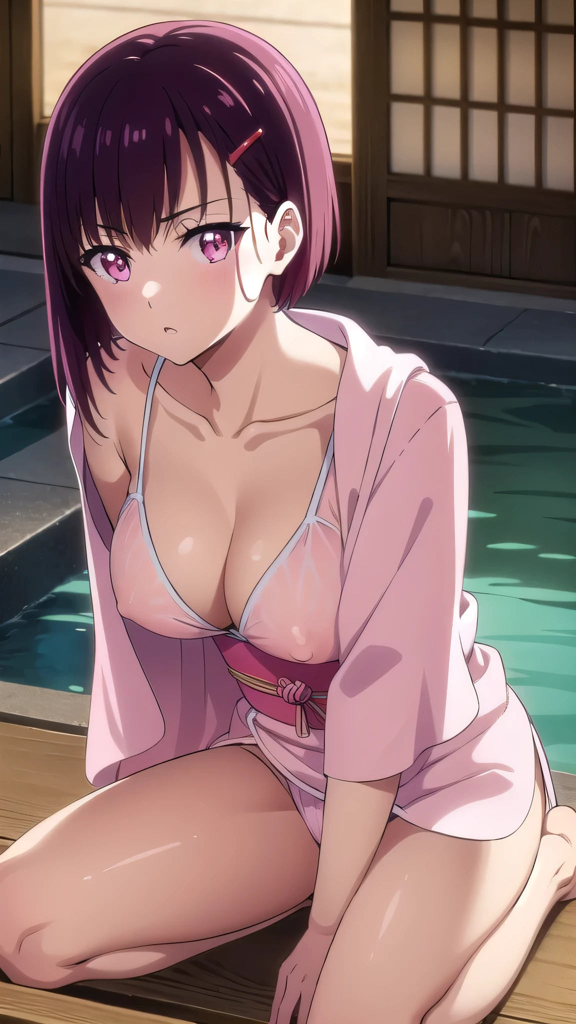 BREAK looking at viewer,BREAK (masterpiece:1.2), best quality, high resolution, unity 8k wallpaper, (illustration:0.8), (beautiful detailed eyes:1.6), extremely detailed face, perfect lighting, extremely detailed CG, (perfect hands, perfect anatomy)onsen,hot springs,night,soft light,wet,shizuka mikazuki, short hair, purple hair, hair ornament, hairclip, (pink eyes:1.5), swept bangs,
collarbone, japanese clothes, kimono, sash, obi, towel, hand fan, yukata, holding fan, pink kimono, towel around neck,neckline, cleavege,nipples see through,upskirt,showing legs,showing panties,camel toe,spread legs.