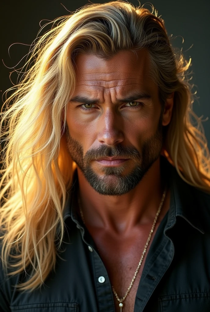 Very masculine man with long, blonde hair, Just show her head and make her blonde very blonde and very long