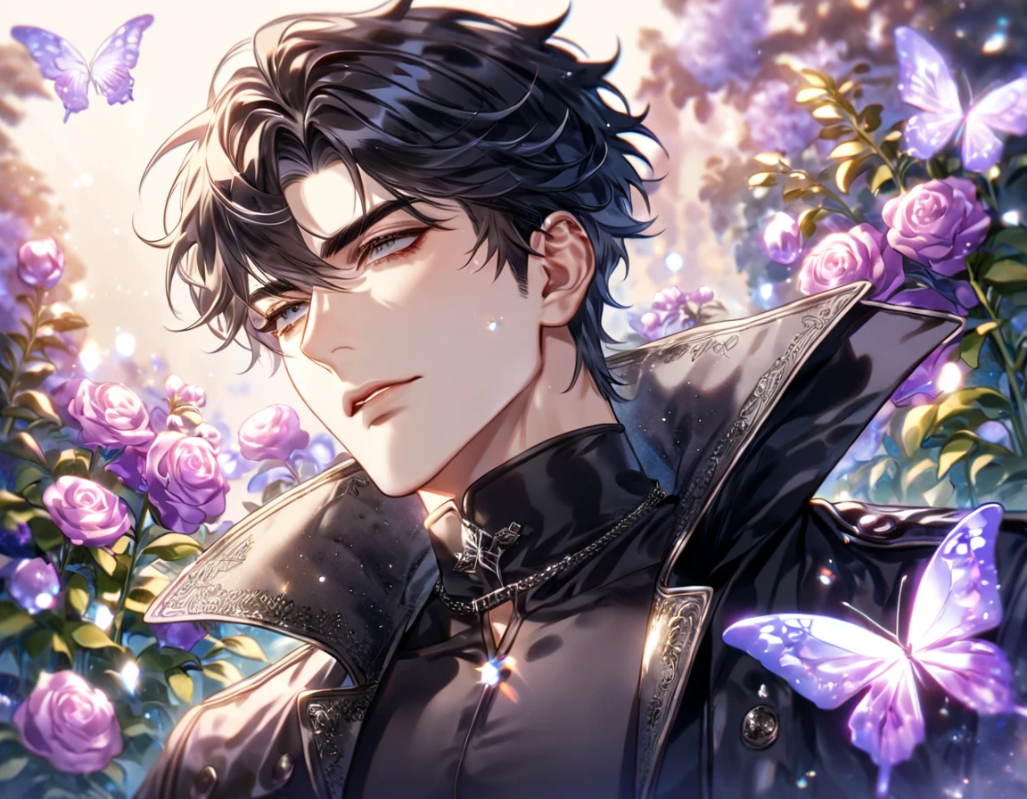 (absurdres, highres, ultra detailed, HDR) master piece, best quality, extremely detailed, delicated features, Yoo Joonghyuk, black hair, expressive gray eyes, Omniscient Reader's Viewpoint, solo, sexy man, handsome, sensual, black coat, black tight turtleneck shirt, fantasy, magical, glittering, shining, purple flames, purple moon, purple flowers, purple butterflies, garden