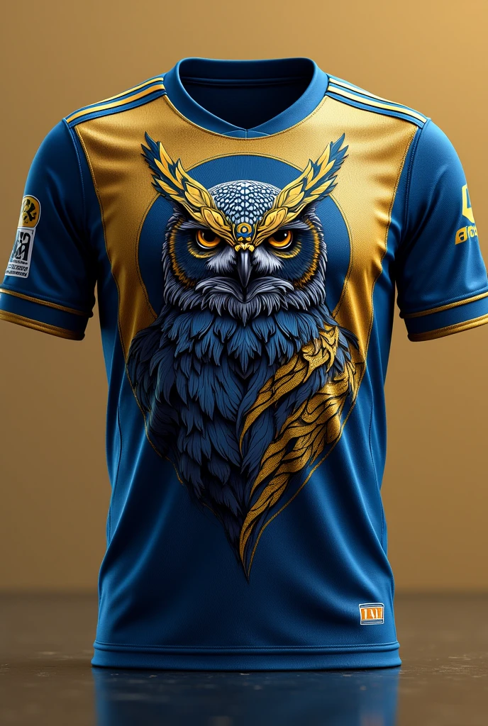 Create a soccer team jersey with blue, golden and black with an owl wearing the hat of the Greek goddess Athena, medium size