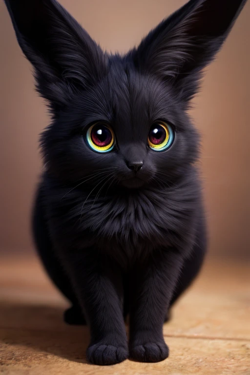 a beautiful animal, black in color, with big eyes,fluffy,long ears
